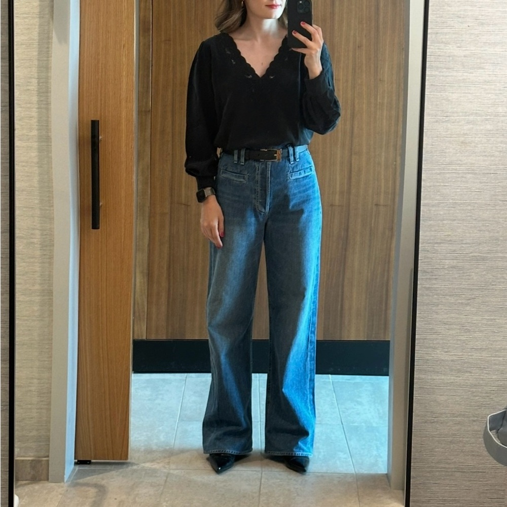 Sezane Black Blouse with Lace Neckline